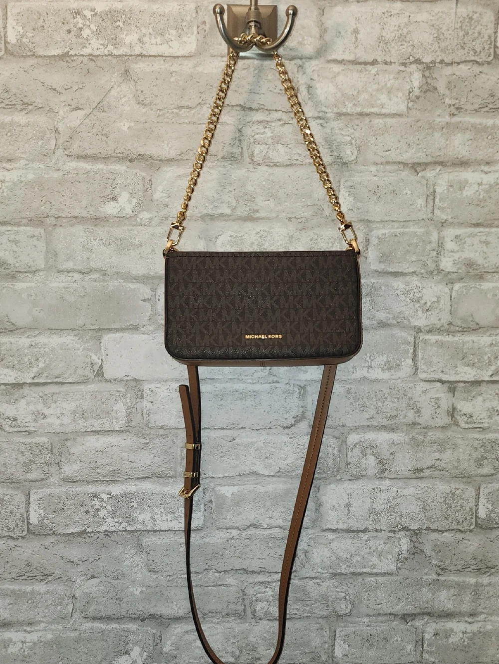Michael Kors Brown Logo Crossbody with‎ Gold Chain